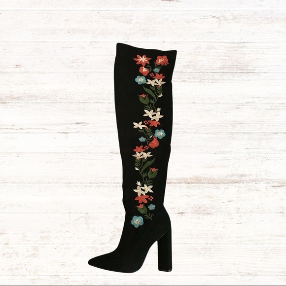NIB Qupid Black Velvet Floral Embroidered Over-The-Knee High Heel Boots 5.5 - Picture 11 of 14